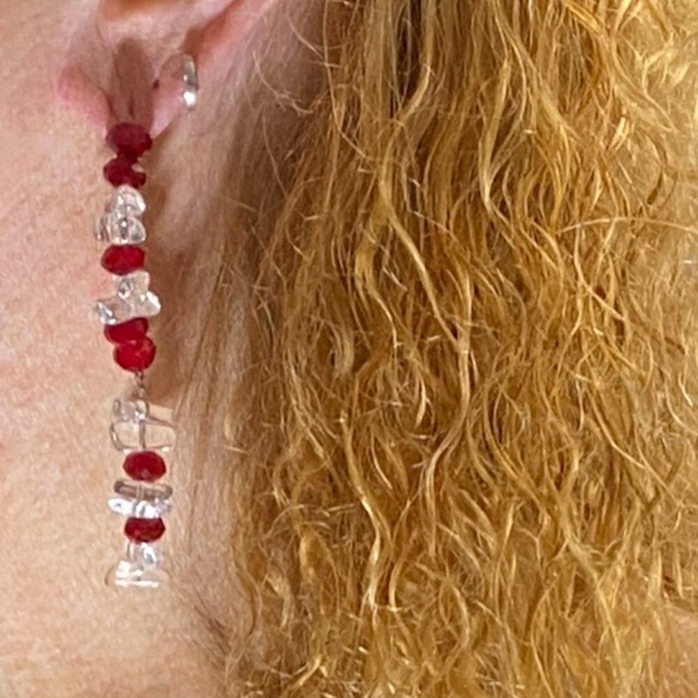 Silver Red and Clear Stone Long Dangle Earrings Jewelry